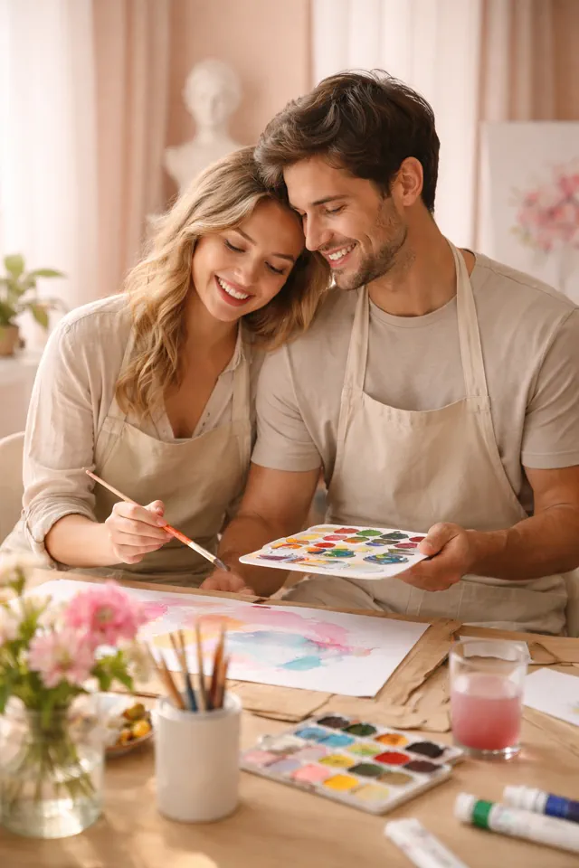 Happy couple painting together